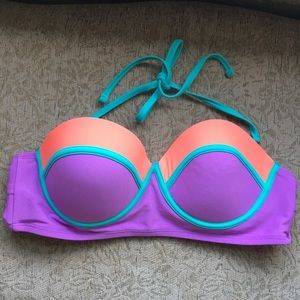 Neon pink purple and aqua structured bikini top